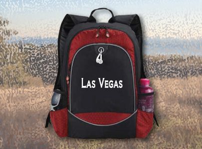Red and Black, Weather Resistant Backpack with padded straps screen printed with Las Vegas logo.