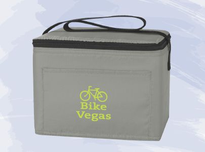 Insulated, Gray Cooler bag with black straps and a zippered top custom imprinted with Bike Vegas logo for Las Vegas, Nevada
