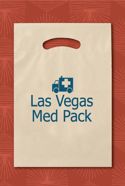 Tan, plastic bag with die cut handle decorated with Las Vegas Med Pack logo perfect for trade shows and cancer walks and events.