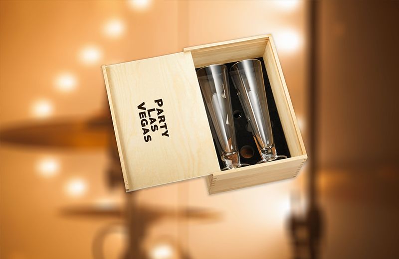 Custom imprinted glasses set in wooden gift box