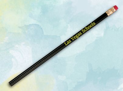 Black, unsharpened, pencil with eraser imprinted with Las Vegas Schools logo on barrel for Las Vegas, Nevada