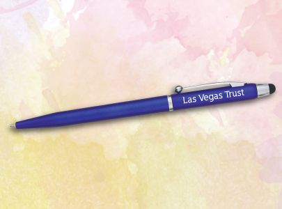 Blue Barrel, with Silver Accents Twist Pen with Clip Pad Printed with Las Vegas Trust logo that can be used for banks, hotels and casinos