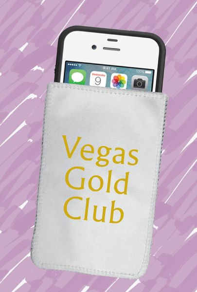 Drawstring, Fabric, Smart Phone Pouch imprinted with Vegas Gold Club logo for Las Vegas, Nevada