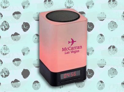 Red, Portable, Bluetooth Speaker with Digital clock bases imprinted with McCarran Las Vegas logo perfect for desktop listening for Las Vegas, Nevada