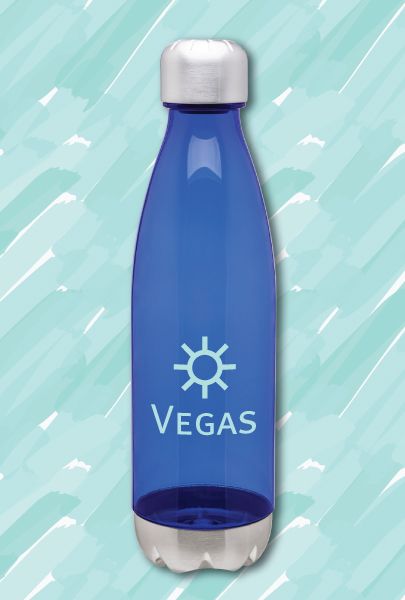 Royal Blue with Silver Cap, Plastic Water Bottle with screen-printed with Vegas logo Custom Pad Printed Plastic Water Bottle for Las Vegas, Nevada