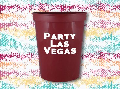 Burgundy, 16 oz. Plastic Stadium Cup imprinted with Party Las Vegas logo, great for festivals, nightclubs and parties Custom Imprinted Plastic Cup for Las Vegas, Nevada