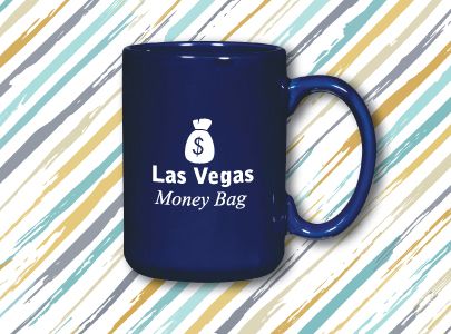 Cobalt Blue, C-Handle, 14oz., Porcelain Mug screen printed with Las Vegas Money Bag logo Custom Screen-Printed Mug for Las Vegas, Nevada