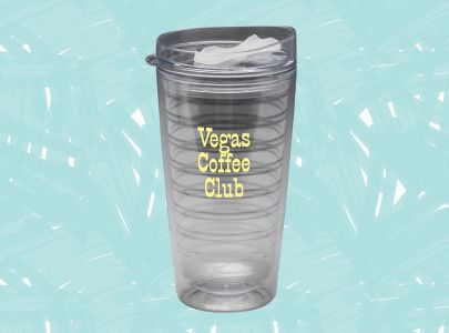 Plastic, Transparent, Tumbler with Spill resistant lid imprinted with Vegas Coffee Club logo Custom Decorated Plastic Travel Mug for Las Vegas, Nevada