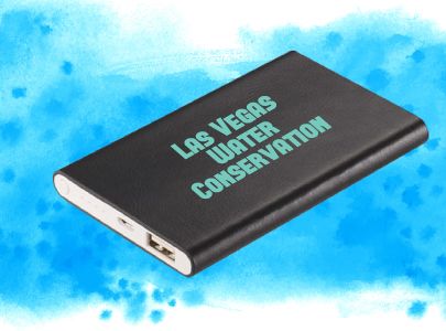 Black, High Output, USB Power Bank imprinted with Las Vegas Water Conservation logo for Las Vegas, Nevada Custom Imprinted Power Banks and Chargers for Las Vegas, Nevada