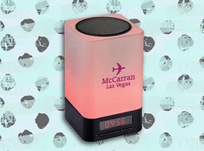 Red, Portable, Bluetooth Speaker with Digital clock bases imprinted with McCarran Las Vegas logo perfect for desktop listening for Las Vegas, Nevada Custom Imprinted Bluetooth Speaker and Clock for Las Vegas, Nevada